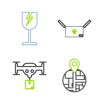 Set line , Delivery drone with the package, Cardboard box traffic symbol an.. Stock Illustration