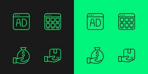Set line Delivery hand with box, Money bag, Advertising and Online shopping 库存插图