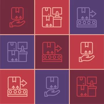 Set line Delivery hand with box, Conveyor belt and Warehouse boxes icon. Vector Illustrazione stock