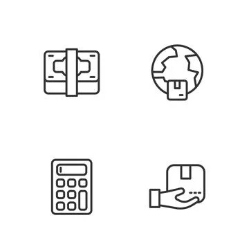 Set line Delivery hand with box, Calculator, Stacks paper money cash and Stock Illustration