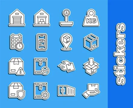 Set line Delivery hand with box, Carton cardboard, Scale, Mobile app delivery Stock Illustration