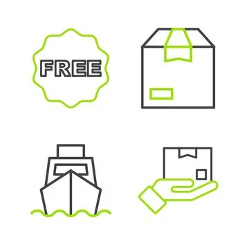 Set line Delivery hand with box, Cargo ship boxes delivery, Carton cardboard and Stock-Illustration