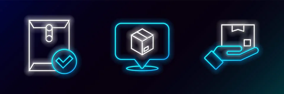 Set line Delivery hand with box, Envelope check mark and Location cardboard.. Stock Illustration