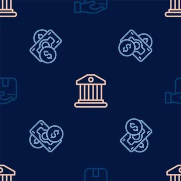 Set line Delivery hand with box, Stacks paper money cash and Bank building .. Stock Illustration
