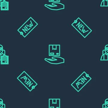 Set line Delivery hand with boxes, Price tag text New and man cardboard on Stock Illustration