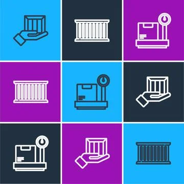 Set line Delivery hand with boxes, Scale cardboard and Container icon. Vector イラスト素材