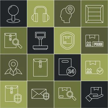 Set line Delivery hand with boxes, Package check mark, Cardboard free symbol, Stock Illustration