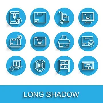 Set line Delivery hand with boxes, security shield, Envelope euro symbol, W.. Stock Illustration
