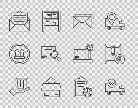 Set line Delivery hand with boxes, truck check mark, Envelope, Carton cardb.. Stock Illustration