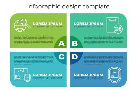 Set line Delivery pack security with shield, Magnifying glass with globe Stock Illustration