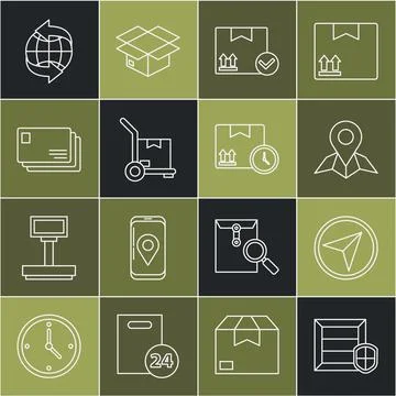 Set line Delivery pack security with shield, Placeholder paper, Package box Illustrazione stock