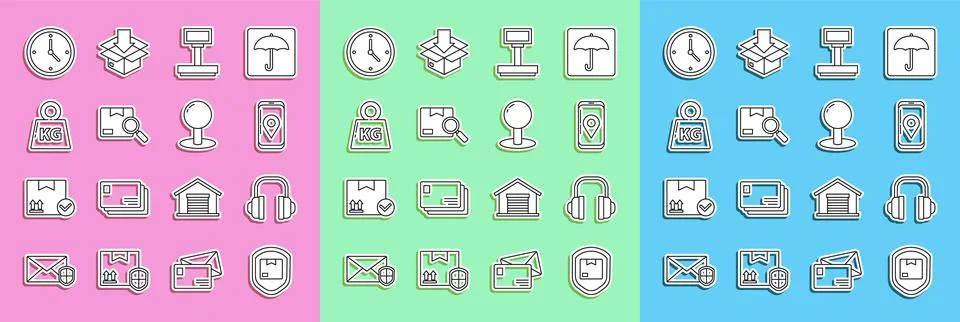 Set line Delivery pack security with shield, Headphones, Mobile app delivery Stock Illustration