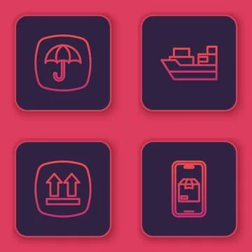 Set line Delivery package with umbrella, This side up, Cargo ship boxes delivery Stock Illustration