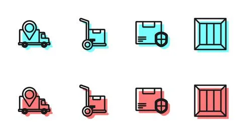 Set line Delivery security with shield, tracking, Hand truck and boxes and Illustrazione stock