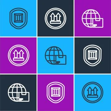 Set line Delivery security with shield, Worldwide shipping and box and This side Stock Illustration