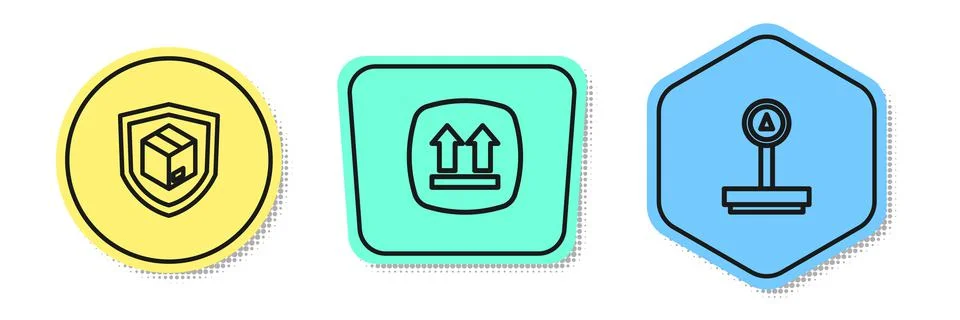 Set line Delivery security with shield, This side up and Scale. Colored shapes 스톡 일러스트