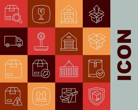 Set line Delivery security with shield, Envelope and check mark, Unboxing Stock Illustration