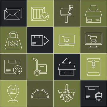 Set line Delivery security with shield, Envelope, Shopping cart on computer Stock Illustration