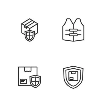Set line Delivery security with shield, and Life jacket icon. Vector Illustrazione stock