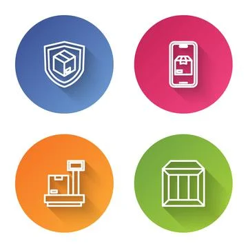 Set line Delivery security with shield, Mobile app delivery tracking, Scale Illustrazione stock