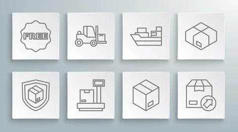 Set line Delivery security with shield, Forklift truck, Scale cardboard box 스톡 일러스트