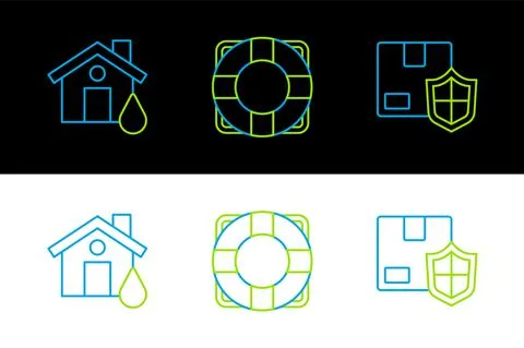 Set line Delivery security with shield, House flood and Lifebuoy icon. Vector Stock Illustration