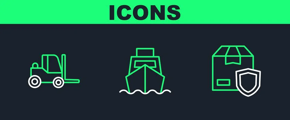 Set line Delivery security with shield, Forklift truck and Cargo ship boxes Illustrazione stock