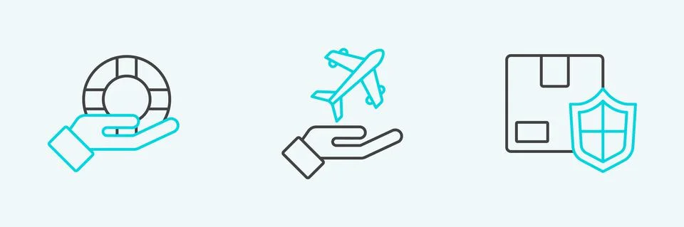 Set line Delivery security with shield, Lifebuoy in hand and Plane icon. Vector Stock Illustration
