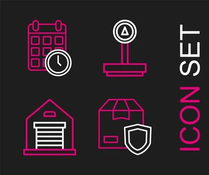 Set line Delivery security with shield, Warehouse, Scale and Cardboard box Illustrazione stock