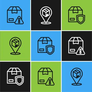 Set line Delivery security with shield, and Location cardboard box icon. Vector Illustrazione stock