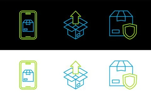 Set line Delivery security with shield, Mobile app delivery tracking and Illustrazione stock