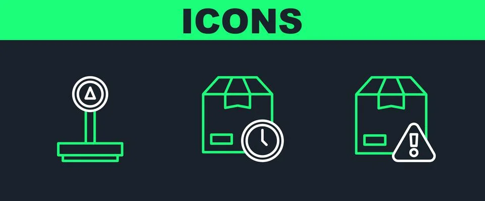Set line Delivery security with shield, Scale and Cardboard box clock icon. V Stock Illustration