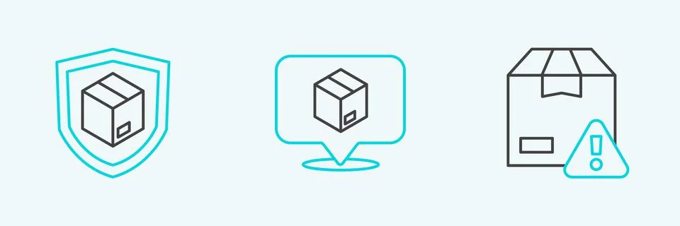Set line Delivery security with shield,  and Location cardboard box icon. Vec Stock Illustration