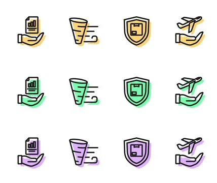 Set line Delivery security with shield, Contract in hand, Tornado and Plane icon Stock Illustration