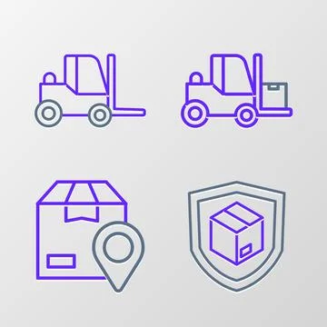 Set line Delivery security with shield, Location cardboard box, Forklift truck 스톡 일러스트