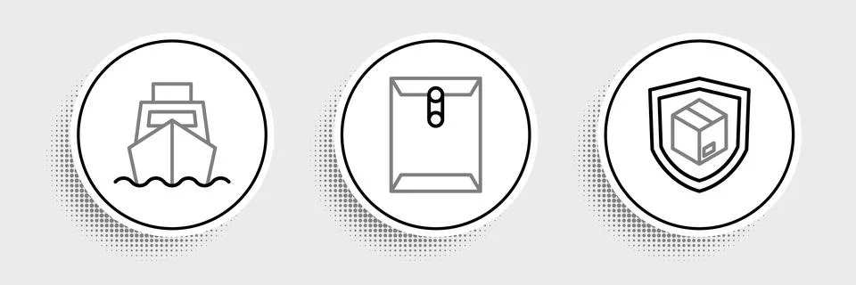 Set line Delivery security with shield, Cargo ship boxes delivery and Envelope Stock Illustration