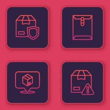 Set line Delivery security with shield, Location cardboard box, Envelope and Illustrazione stock