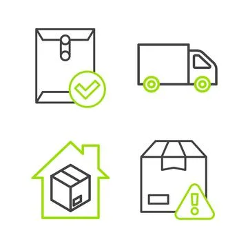 Set line Delivery security with shield, Home delivery services, cargo truck and Illustrazione stock
