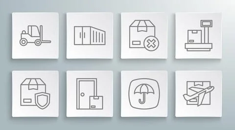 Set line Delivery security with shield, Container, Home delivery services Stock Illustration