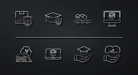 Set line Delivery security with shield, Car damaged by fallen tree, Insuran.. Stock Illustration