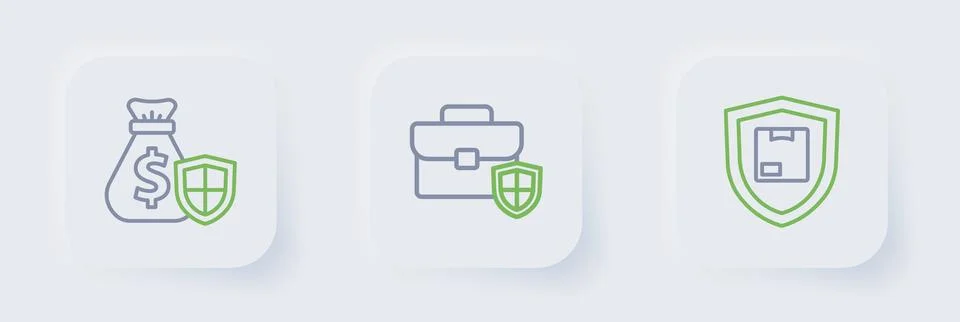 Set line Delivery security with shield, Briefcase and Money bag icon. Vector Stock Illustration