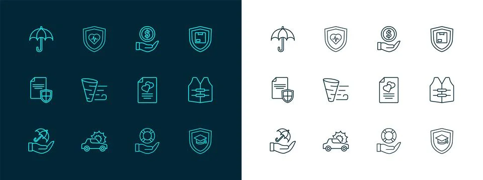 Set line Delivery security with shield, Car insurance, Marriage contract, L.. Stock Illustration