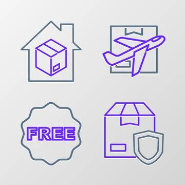 Set line Delivery security with shield, rice tag Free, Plane and cardboard .. Stock Illustration