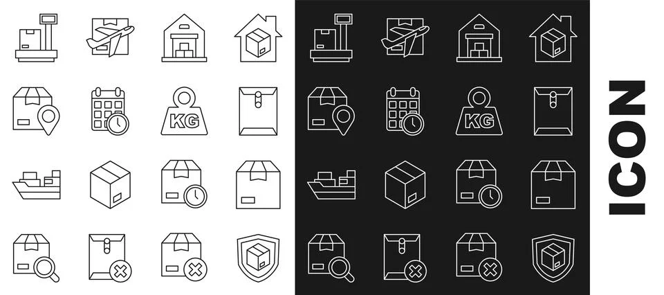 Set line Delivery security with shield, Carton cardboard box, Envelope, War.. Stockillustratie