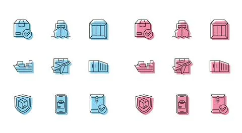 Set line Delivery security with shield, Mobile app delivery tracking, ackag.. Illustrazione stock