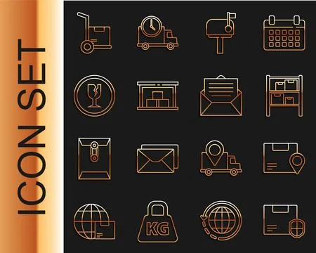 Set line Delivery security with shield, Location cardboard box, Warehouse, .. Stock Illustration