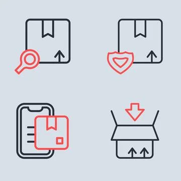 Set line Delivery security with shield, Document tracking marker, Carton ca.. Illustrazione stock