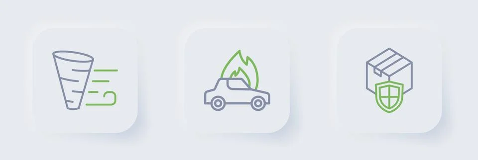 Set line Delivery security with shield, Burning car and Tornado icon. Vector Stock Illustration