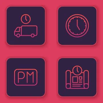 Set line Delivery time, Day, Clock and Project plan. Blue square button. Vector Stock Illustration