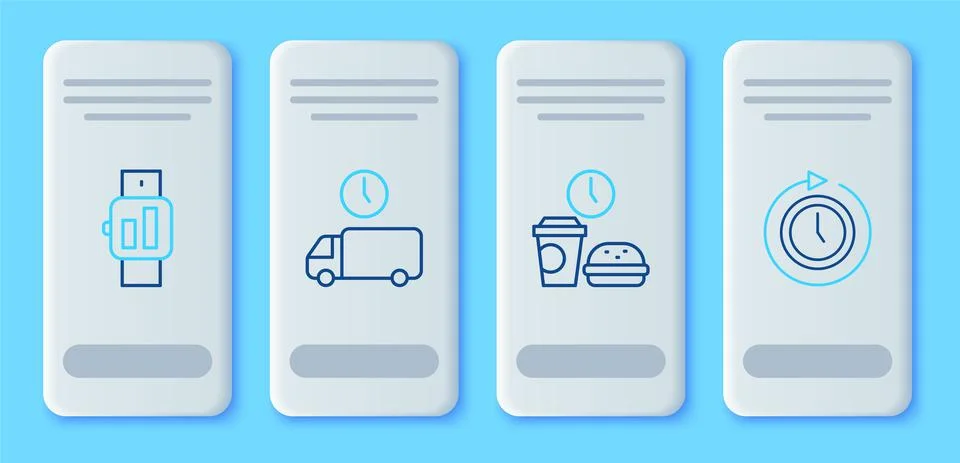 Set line Delivery time, Fast food, Smartwatch and Clock with arrow icon. Vector Stock Illustration